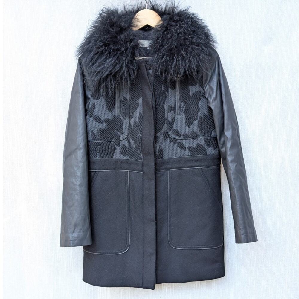 Athé Vanessa Bruno Black Faux Leather/Wool Fur Full Zip Coat, size FR36/US4/S